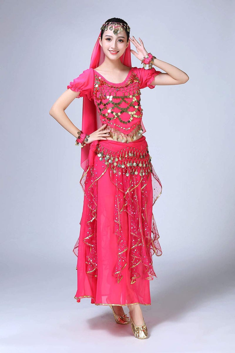 ORIDOOR Women Belly Dance Dress Indian Bollywood Halloween Costume Chiffon Skirts Shiny Belly Dance Suits 5-Piece Outfit, 004 Rose Red, One Size - Image 5